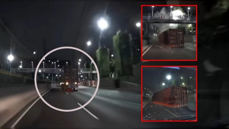 Tráiler pierde la caja tras chocar con puente en CDMX; pareja que grabó incidente estuvo a punto de ser aplastada